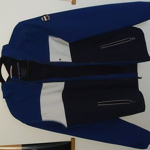 Rain, wind resistant jacket. Medium. Blue, navy, and white.